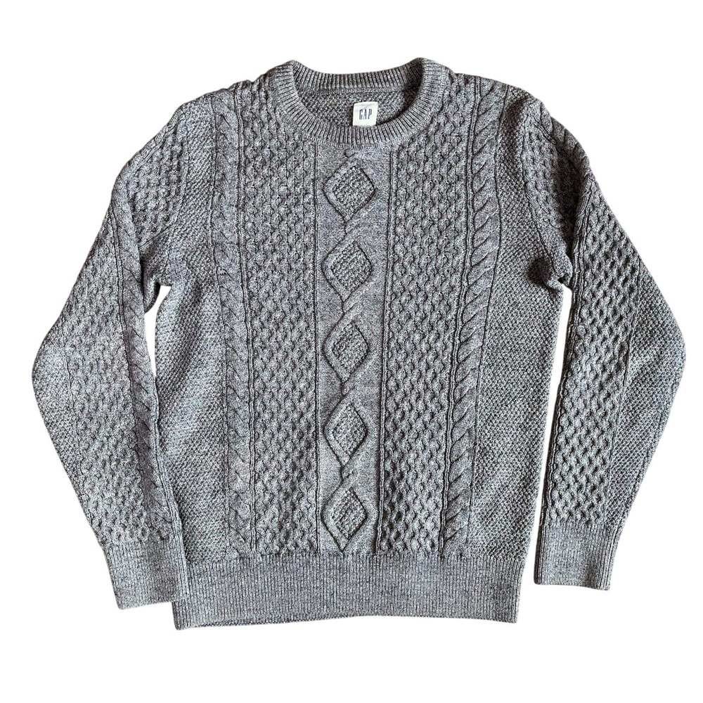 GAP Grey Cable Knit Crewneck Sweater Small Petite Cotton Blend Preppy Classic
